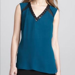 Robert Rodriguez teal V-neck silk top with leather groomet trim size US 6